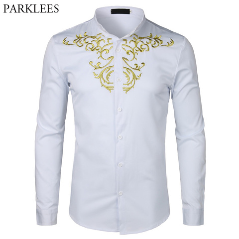 Gold Flower Embroidery Shirt Men Long Sleeve Chemise Homme 2022New Solid Color White Dress Shirts Mens Slim Fit Wedding Camisa ► Photo 1/6