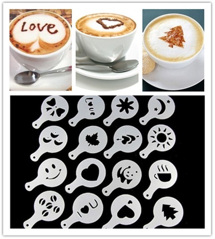 16Pcs Fashion Cappuccino Coffee Barista Stencils Template Strew Flowers Pad Duster Spray ► Photo 1/6