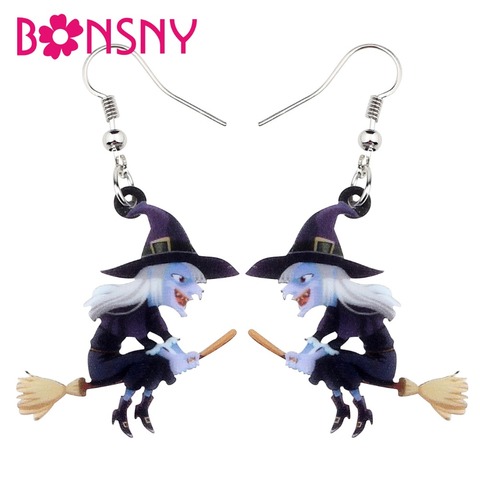 Bonsny Acrylic Animal Halloween Broomstick Witch Earrings Drop Dangle Fashion Cartoon Jewelry For Women Girls Teens Gift Charms ► Photo 1/5