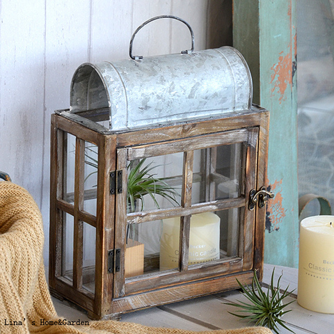 solid wood zinc hand craft vintage rectangle lantern decorative candle holder ► Photo 1/1