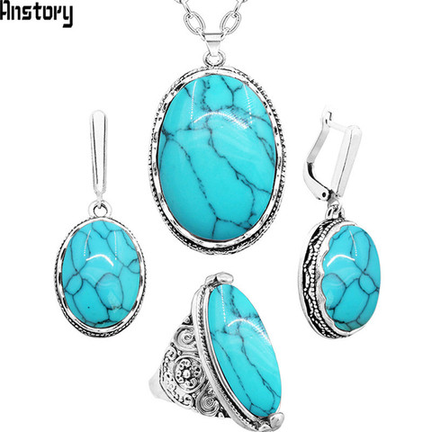 Oval Synthetic Turquoises Jewelry Set Choker Necklace Earrings Rings For Women Hollow Flower Pendant Stainless Steel Chain ► Photo 1/6