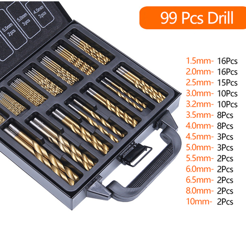 99PCS HSS Twist Drill Bit Set 1.5-10mm Titanium Coated Surface 118 Degree For Drilling Metal DIY Home Use With Box ► Photo 1/6