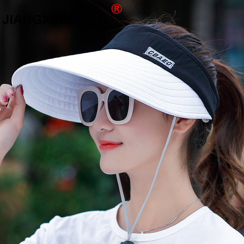 wholesale 1PCS women summer Sun Hats pearl packable sun visor hat with big heads wide brim beach hat UV protection female cap ► Photo 1/6