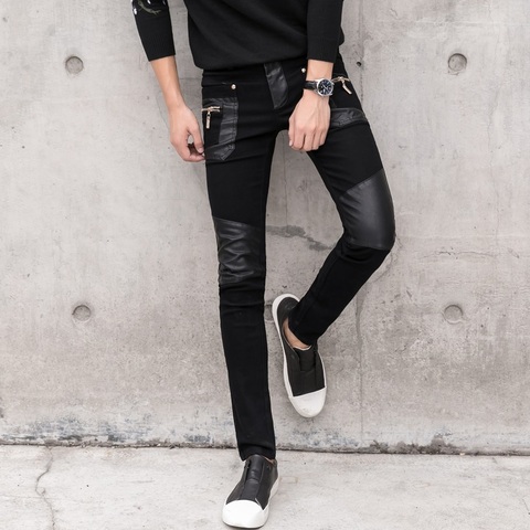 Mens Zipper Punk Motorcycle Trousers SLim Fit Leather Pants Mid-rise Casual Pant
