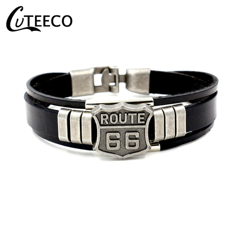 CUTEECO Vintage Punk Men Route 66 Sign Leather Bracelet Black Cuff Bracelets & Bangles Wristband Men Jewelry Accessories Gifts ► Photo 1/4