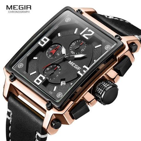 Megir Leather Strap Army Chronograph Quartz Wrist Watches Men Square Sports Stop Watch Man Clock Relogios Masculino 2061 Rose ► Photo 1/6