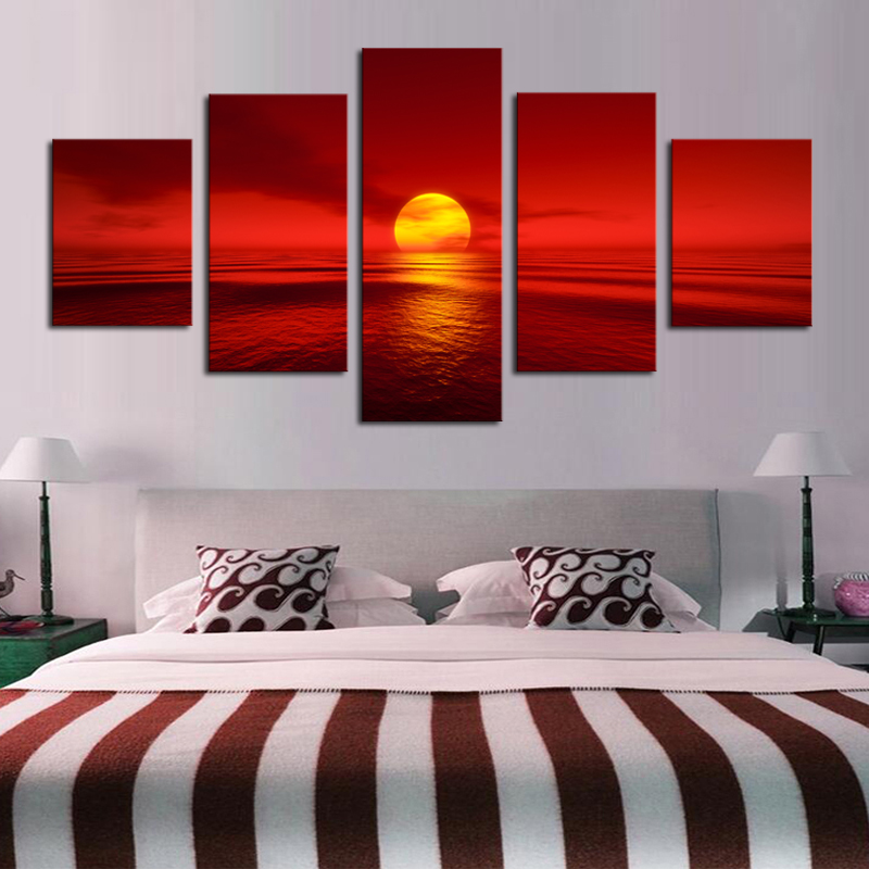 Canvas Paintings Modular Home Decor 5 Pieces Sunset Red Sun Sea Natural Landscape Poster Seascape Pictures Living Room Wall Art History Review Aliexpress Er Tesco Painting Alitools Io - Skyrim Home Decorating Mode