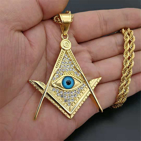 Drop shipping Hip Hop Iced Out Masonic All-seeing Eye Pendant Necklace Chain Gold Color Stainless Steel Freemason Mason Jewelry ► Photo 1/1