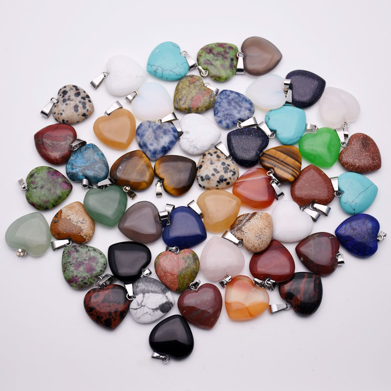 Assorted Heart Natural Stone Charms Pendants For Jewelry Making 20mm 50pcs/Lot