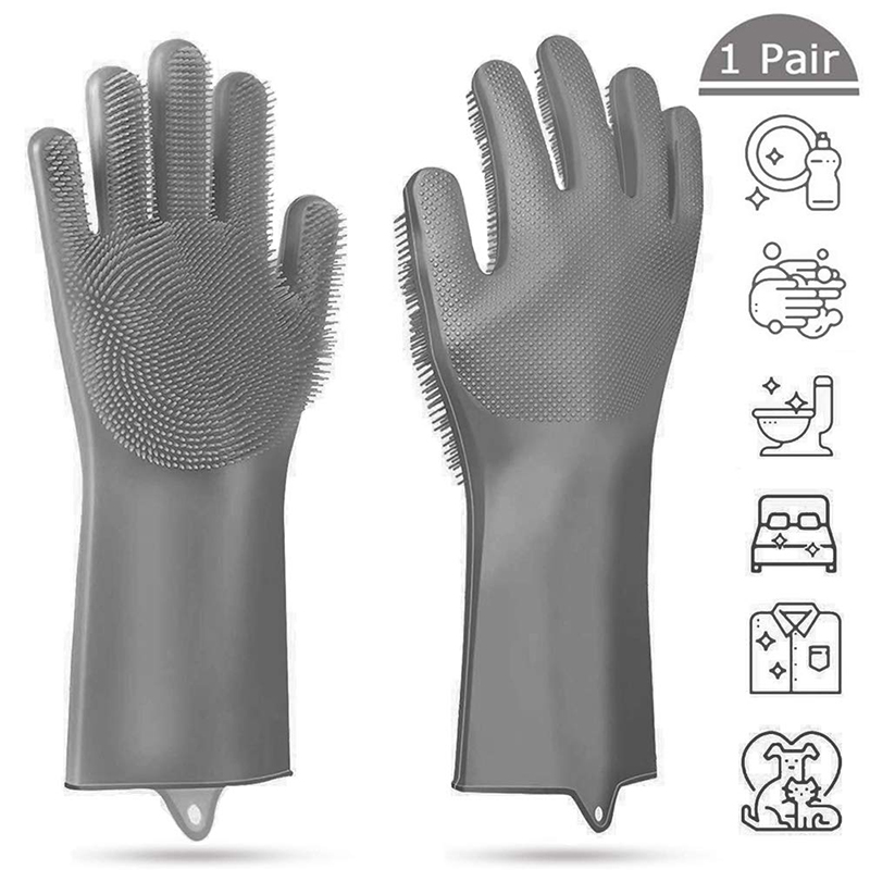 2Pair Magic Dish Washing Gloves Silicone Rubber Scrubber Cleaning Glovers Gray