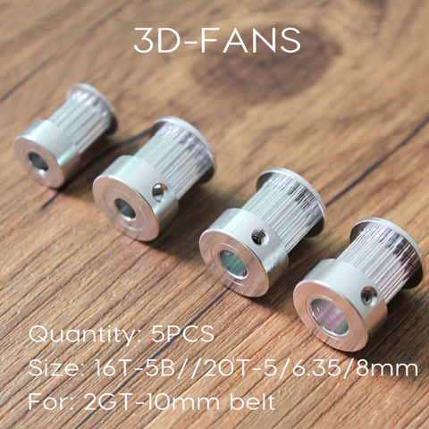 5PCS 2GT GT2 10mm Pulley Bore 5mm/6.35mm/8mm 16teeth / 20teeth Timing Gear aluminum For Belt Width 10mm For 3D printer ► Photo 1/1