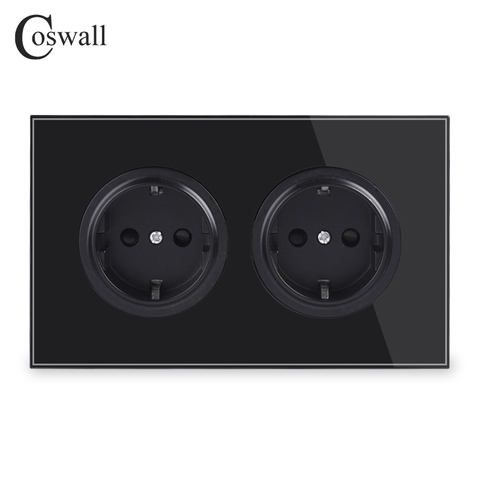 Coswall Crystal Tempered Pure Glass Panel 16A Double EU Standard Wall Power Socket Grounded With Child Protective Lock Black ► Photo 1/6