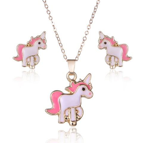 Lovely Children Cartoon Pink Horse Unicorn Earrings Necklace jewelry Set For Women Lady Party Costume Wedding Engagement Jewelry ► Photo 1/6