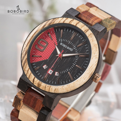 Relogio Masculino BOBO BIRD Men Watch Wood Timepiece Auto Date Colorful Band Military Wristwatch Gift Wooden Box To Father ► Photo 1/6