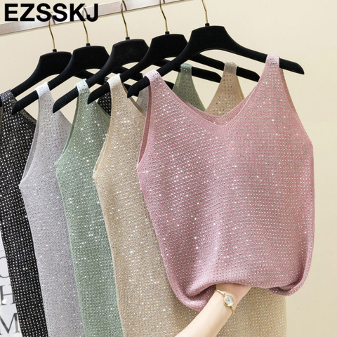 2022 Sexy shiny Knitted Top Summer v-neck diamonds Tank top Women Slim Top Female bling sleveless t-shirt Vest Camis ► Photo 1/6