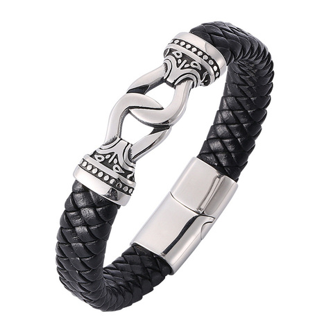 Punk Men Bracelet Braided Leather Bracelet Stainless Steel Buckle Vintage Bangles Rock Mens Trendy Jewelry Male Wrist Band PW806 ► Photo 1/6