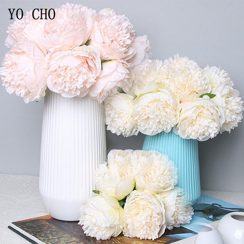 YO CHO 5pc Big Peony Artifcial Silk Flower Wedding Bouquet Decor White Peony Home Display Fake Flower Pack Heart Peony Pink Rose ► Photo 1/6