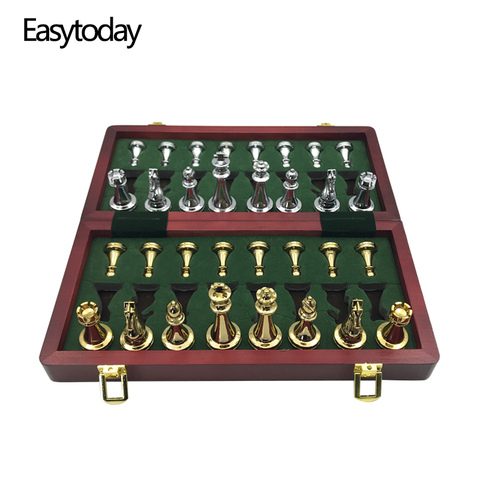 Easytoday Metal Glossy Golden And Silver Chess Pieces Solid Wooden Folding Chess Board High Grade Professional Chess Games Set ► Photo 1/6