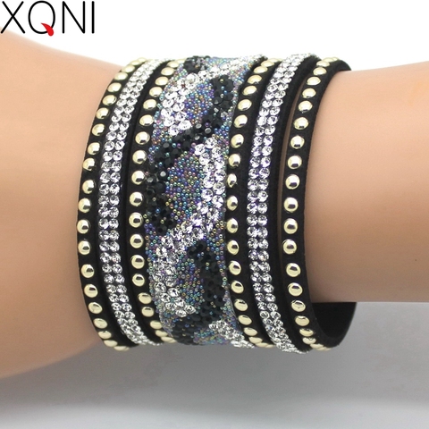 2017 XQNI Brand Top Crystal Leather Bracelets & Bangles Personality Printed Pave Setting Rhinestone Charm  Bracelet For Women ► Photo 1/6
