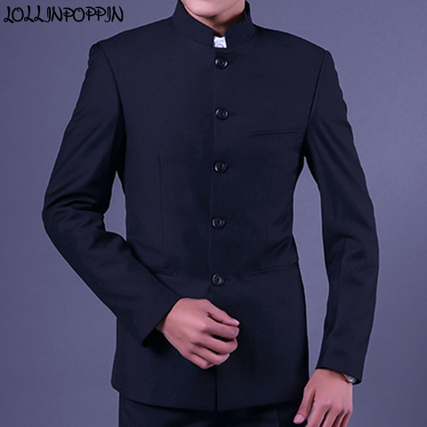Mandarin Collar Men Navy Blue Suit Jacket Traditional Chinese Style Single Breasted Mens Tunic Jacket Uniform Jackets ► Photo 1/5