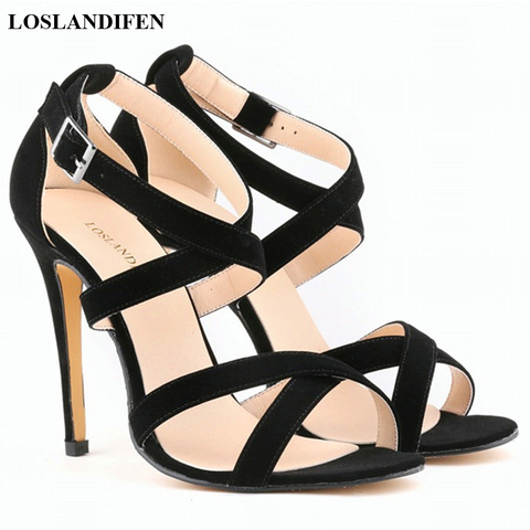 Star Style Open Toe Women's Sandals 2022 New Fashion Buckle Solid Flock High Heels Shoes Women Sexy Cross Cut-Outs Party Sandals ► Photo 1/1