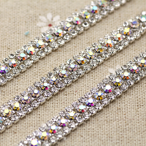 1 yard 3 Rows Crystal + color AB Rhinestone Cup Chain Silver Base With Claw Dress Decoration Trim Applique Sew on Garment Bags ► Photo 1/6