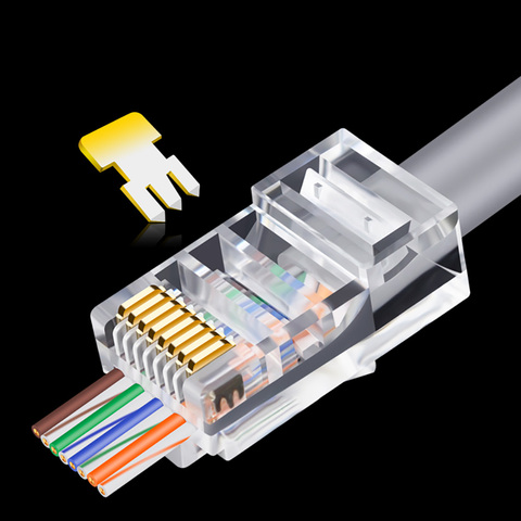 OULLX 20/50/100pcs RJ45 Connector 6U Gold PlatedPass Through Ethernet Cables Module Plug Network RJ-45 Crystal Heads Cat5 Cat5e ► Photo 1/6