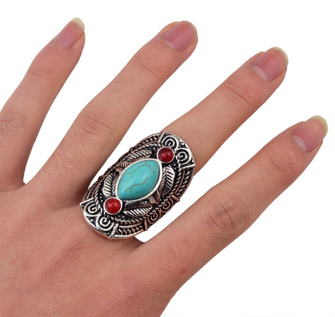 Bohemian Ethnic Tibet Exotic Red Green Stone Beachy Adjustable Ring Statement Carved Leaf Big Ring For Women Men India Jewelry ► Photo 1/6