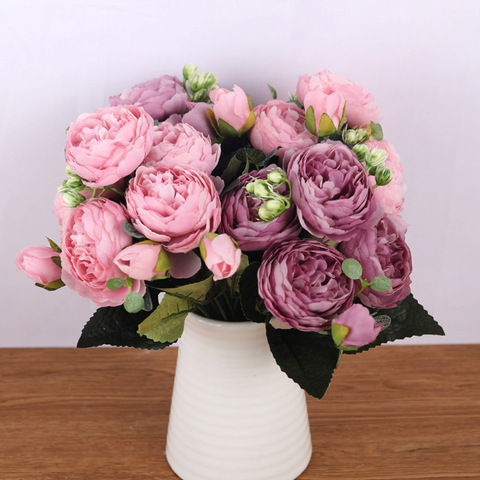 30cm Rose Pink Silk Bouquet Peony Artificial Flowers 5 Big Heads 4 Small Bud Bride Wedding Home Decoration Fake Flowers Faux ► Photo 1/6