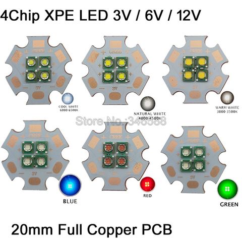 2x  10W 3V/ 6V / 12V Cree XPE XP-E 4 Chips 4 LED Car Light Emitter instead of XML Red Green Blue Yellow LED with 20mm Cooper PCB ► Photo 1/6