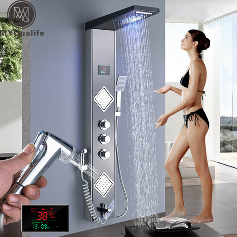 Rain Waterfall LED Shower Panel Black Shower Column Tower Digital Screen TEMP 3 Handle Mixer Tap Spray Bidet Shower Mixer Faucet ► Photo 1/6