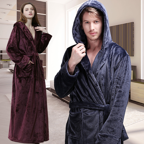 Men Women Winter Hooded Extra Long Thick Flannel Warm Bath Robe Plus Size Luxury Soft Thermal Bathrobe Dressing Gown Male Robes ► Photo 1/6