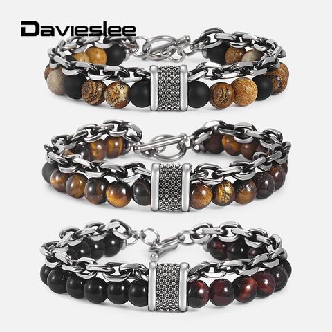 Double Layers Mens Bracelet Natural Tiger Eye Stone Beaded Bracelet  Glass Beads Stainless Steel Rolo Chain OT Buckle DDBM51 ► Photo 1/6