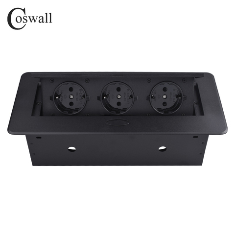 COSWALL Zinc Alloy Plate 16A Slow POP UP 3 Power EU Socket Office Meeting Room Hotel Table Desktop Outlet Matte Black Cover ► Photo 1/6