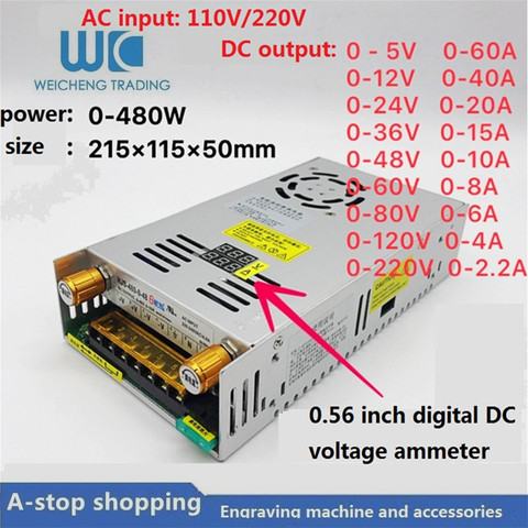 Digital display adjustable DC switching power supply0-5V60A/0-12V40A/0-24V20A/0-36V15A/0-48V10/0-60V8A/0-80V6A/0-120V4A/0-220V2A ► Photo 1/6