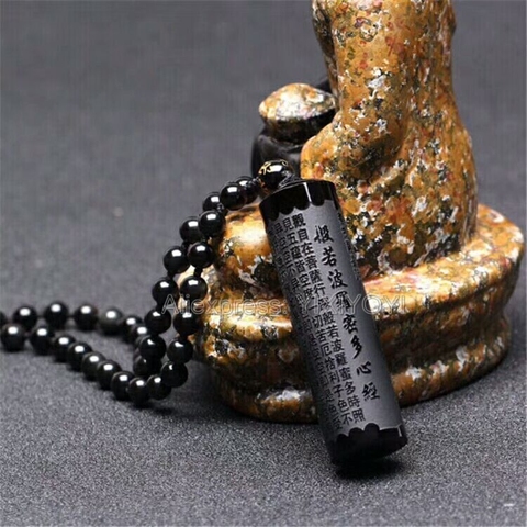 Beautiful Natural Black Obsidian Carved Buddhism Words Strip Heart Sutra Lucky Pendant + Free Beads Necklace Fashion Jewelry ► Photo 1/6