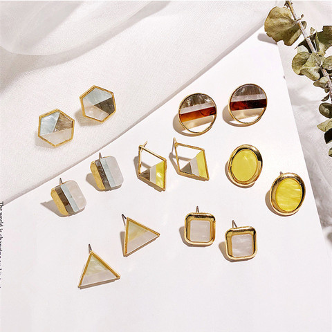 Metal Gold Color Colorful Stitching Resign Stud Earring Marble Pattern Round Circle Oval Triangle Square Geometric Earring ► Photo 1/6