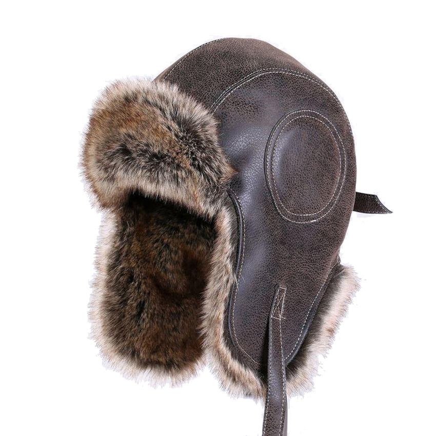 Russian Ushanka Men Winter Trapper Vintage Bomber Hat Pilot Aviator Trooper Leather Earflap Faux Fox Warm Plush Snow Ski Cap
