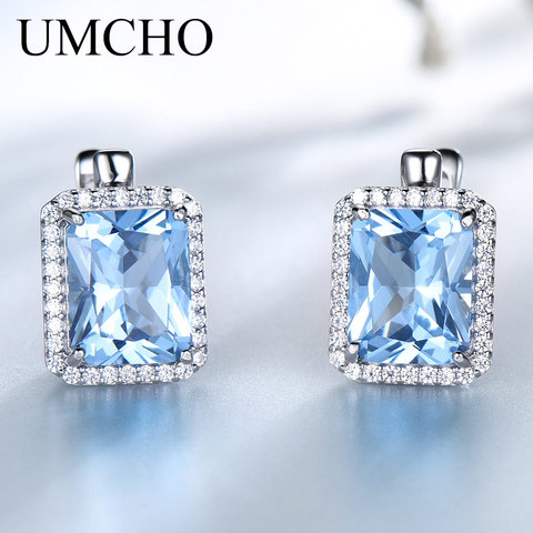 UMCHO Luxury Rectangle Created Sky Blue Topaz Clip Earrings Solid 925 Sterling Silver Gemstone Earrings For Women Fine Jewelry ► Photo 1/5