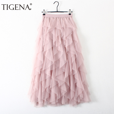 TIGENA Fashion Tutu Tulle Skirt Women Long Maxi Skirt 2022 Korean Cute Pink High Waist Pleated Skirt Female School Sun spodnica ► Photo 1/6