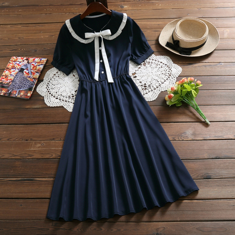 Mori girl elegant midi dress 2022 summer fashion peter pan collar short sleeve vintage dress women solid vestidos ► Photo 1/6