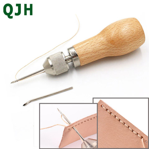 Wood Handle Leather Sewing Awl Kit,Hand Stitcher Professional Handmade  Leather Wood Handmade Leather Sewing Machine Lock Stitching Tool Kit Handle