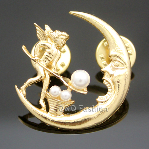 Antique Silver Angel Fairy Feeding Moon Cresent Pearl Baroque Lapel Brooch Pin Jewelry  New ► Photo 1/6