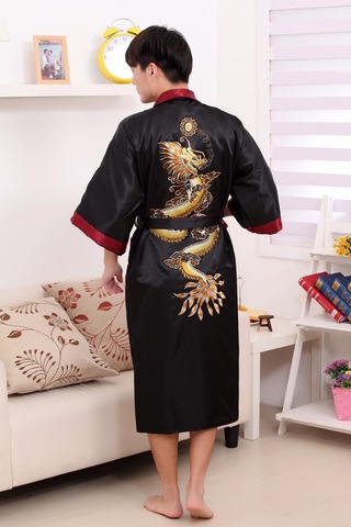 Black Double-Side Embroidery Dragon Male Long Robe Chinese Men Silk Satin Men's Dragon Kimono Robe Gown Reversible Bathrobe ► Photo 1/1