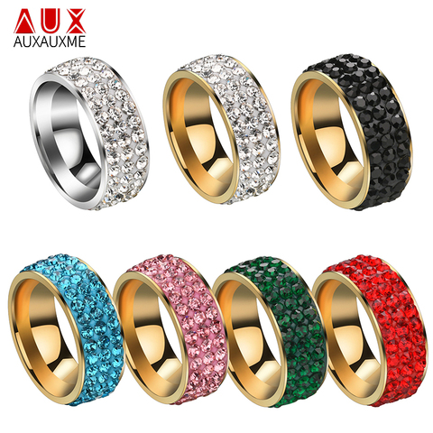 Auxauxme 3 Rows Crystal Stainless Steel Ring Pave Setting Rhinestone 8mm Wedding Rings For Women Elegant Engagement Jewelry 5-12 ► Photo 1/6
