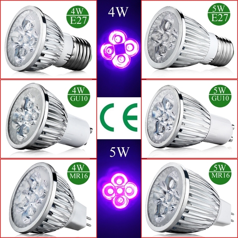 NEW High Quality plant Light 4W 5W E27 GU10 AC 85-265V UV LED Ultraviolet 395-400nm Spotlight Lamp Bulb MR16 12V Violet Light ► Photo 1/6