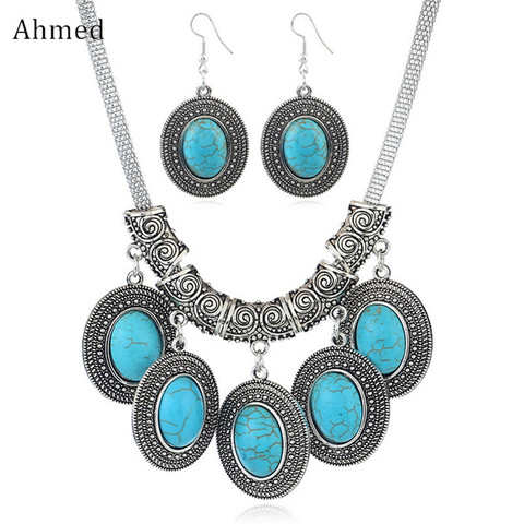 Ahmed Retro Antique Synthetic Stone Water Pendant Necklace Earrings Sets for Women Fashion Boho Vintage Jewelry Set Gifts ► Photo 1/6