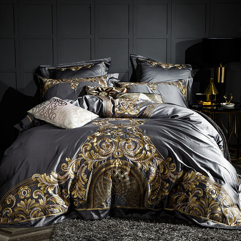 Gray Luxury 100S/1000TC Egyptian Cotton Gold Royal Embroidery European Palace Bedding Set Duvet Cover Bed sheet/Linen Pillowcase ► Photo 1/6