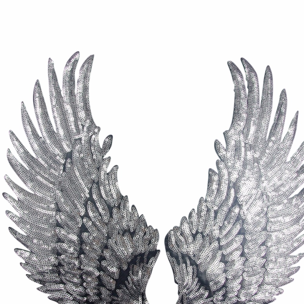 1Pair Iron-On Embroidered Patch Large Angel Wings Applique Motif Sequins