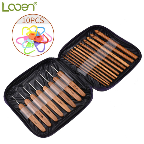 Looen 20pcs Bamboo Crochet Hook Knitting Needles Knit With Bag Weave Yarn Crafts Sweater Scarf Hat Tool With 10pcs Stitch Makers ► Photo 1/6